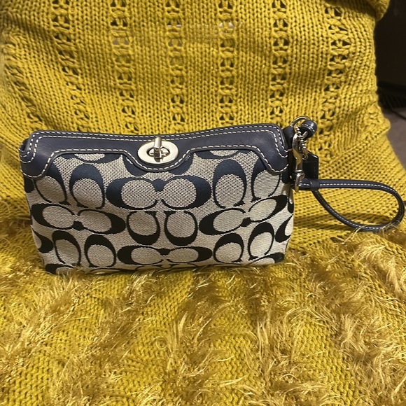 Coach wristlet clutch in navy and gray. - Picture 3 of 5